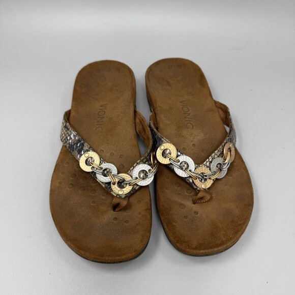 VIONIC 344 Lola Snakeskin Metallic Wedge Heel Thong Sandal Size 7 - Picture 5 of 8